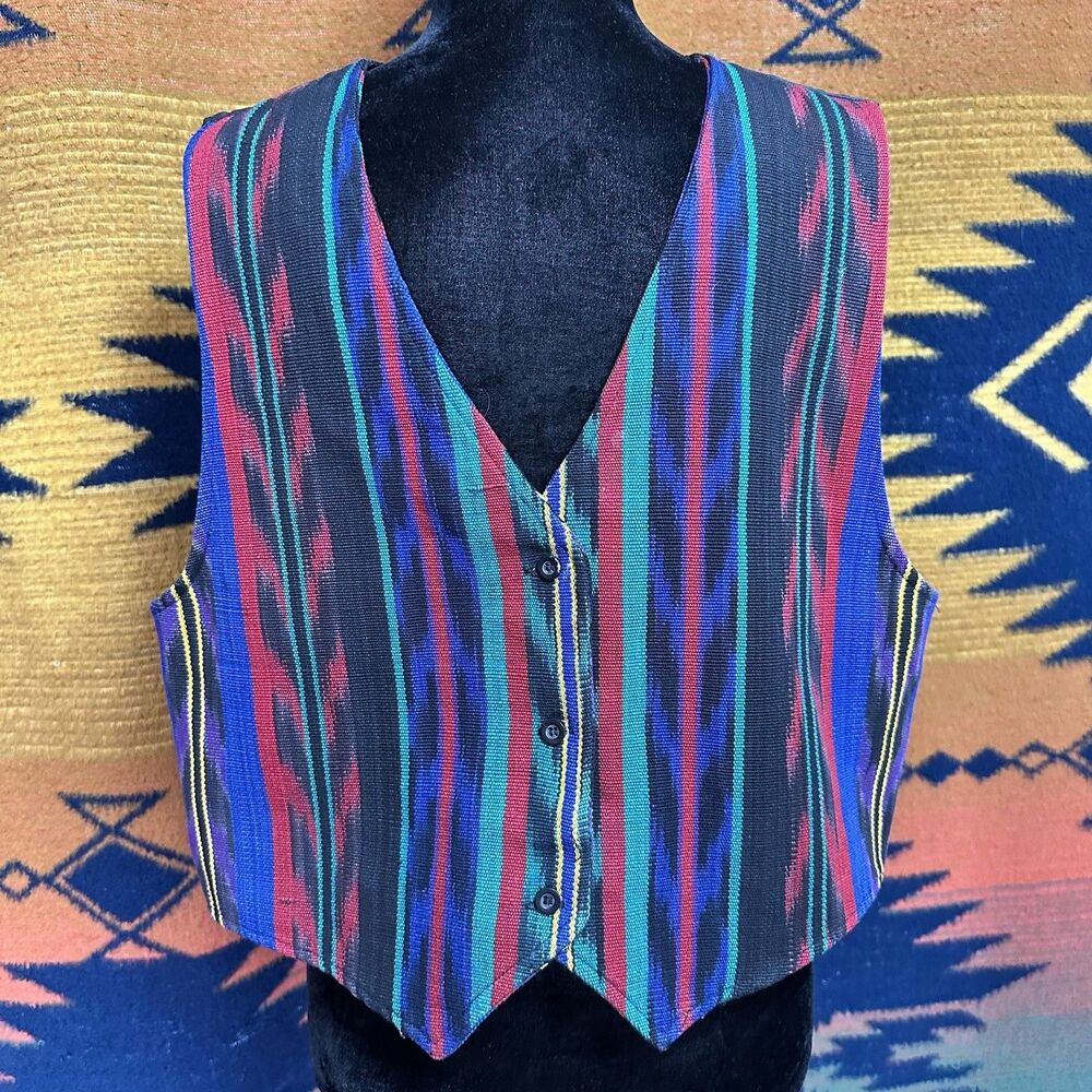 Vintage Roper Woven Cotton Southwestern Button Down Ikat Vest. Western Wear. LG.